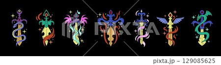 Fantasy sword tattoo. Medieval icon with dragon and fire flame. Symbol magic blade. Gothic silhouette color shape. Mystic dagger with wings. Snake reptile. Engraved mythology element. Vector tidy set 129085625