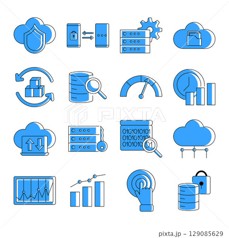Icon cloud hosting. Computing symbols. Outline web. Line data server. VPS tech support. Business info infographic. Computer firewall. Infrastructure elements for web IT UI. Vector garish icons set Icon cloud hosting. Computing symbols. Outline web. Line data server. VPS tech support. Business info infographic. Computer firewall. Infrastructure elements for web IT UI. Vector garish icons set 129085629