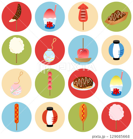 日本の夏祭りの縁日イラストセット 納涼 夏休み お盆休み フード ごはん 飲食物 イベント アイコン 129085668