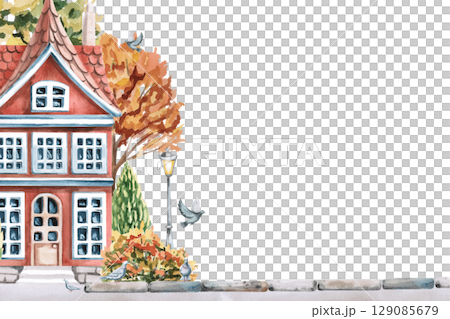 Rectangular frame with a red city house against the background of autumn trees. Isolated watercolor illustration for the design of seasonal menus, announcements, excursion posters, 129085679