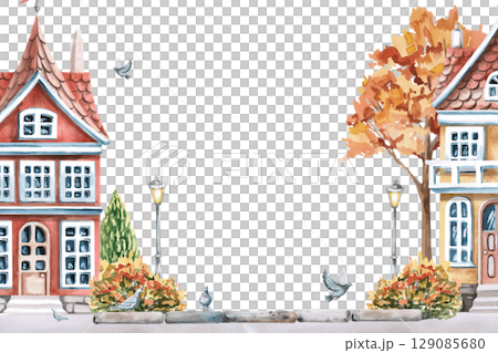 Rectangular frame with city houses against autumn trees. Isolated watercolor illustration for seasonal menus, announcements, excursion posters, postcard printing. 129085680