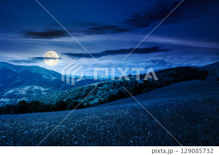 mountain landscape with wide meadow in summer at night. sky with dark clouds. grass on the pasture rolling through hills in countryside scenery to distant alpine valley in full moon light mountain landscape with wide meadow in summer at night. sky with dark clouds. grass on the pasture rolling through hills in countryside scenery to distant alpine valley in full moon light 129085732
