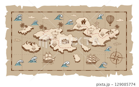 Vintage treasure map illustration with a compass, ships, and an island Vintage treasure map illustration with a compass, ships, and an island 129085774