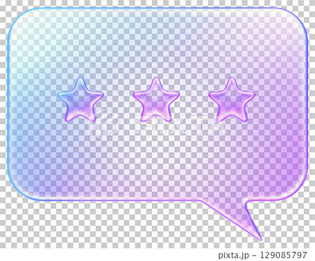 3D speech bubble icon with stars in translucent glass style, representing review, feedback, comment, rating, or communication. 3D speech bubble icon with stars in translucent glass style, representing review, feedback, comment, rating, or communication. 129085797