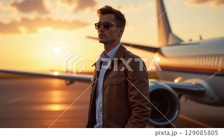 Business traveler in stylish leather jacket stands confidently near private jet at sunset 129085805
