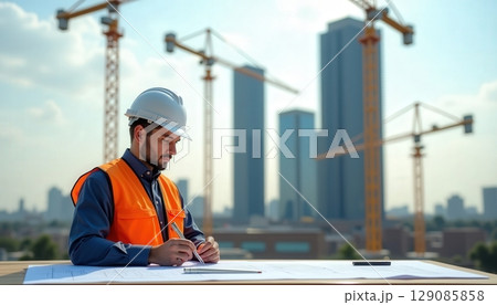 Construction professional reviews blueprints at a busy urban site during the day with cranes working in the background 129085858