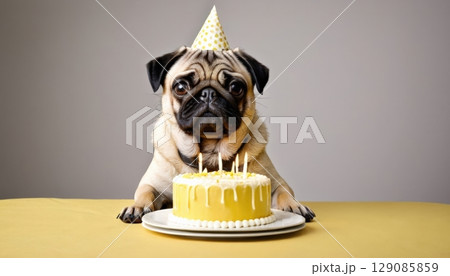Pug celebrates birthday with cake and party hat surrounded by festive decorations 129085859