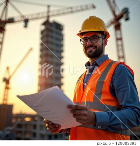 Construction site manager reviewing blueprints during sunset with cranes in the background 129085893
