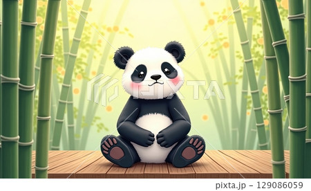 Cute panda sitting peacefully in a bamboo forest surrounded by greenery and soft light during the day 129086059