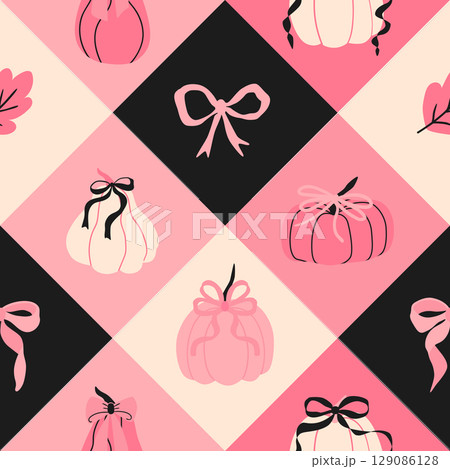Pink Halloween mosaic geometric seamless pattern. Vector coquette checkered background with pumpkins 129086128