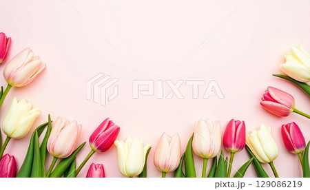 Colorful tulips arranged beautifully on a soft pink background for spring celebration and floral decoration 129086219