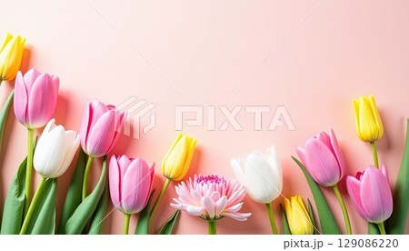Colorful assortment of tulips and daisies arranged on a soft pink background for spring decor 129086220