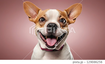 Happy dog with an expressive smile against a pink background in a cheerful indoor setting during daylight hours 129086256