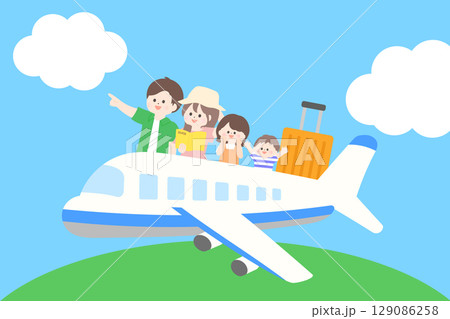 飛行機の上に乗って旅行をするファミリーのフラットイラスト 129086258