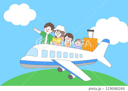 飛行機の上に乗って旅行する子連れ4人家族のイラスト 129086260