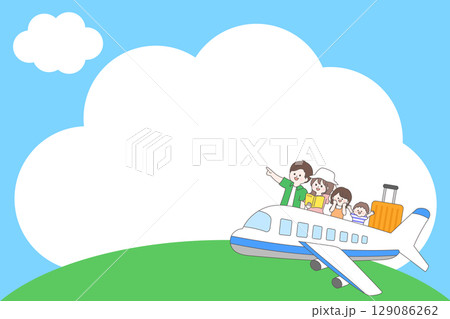 飛行機の上に乗って旅行する4人家族の背景フレーム 129086262