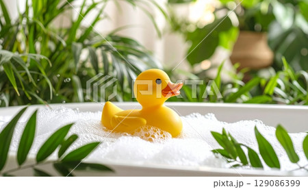 Yellow rubber duck toy floating in water Yellow rubber duck toy floating in water 129086399