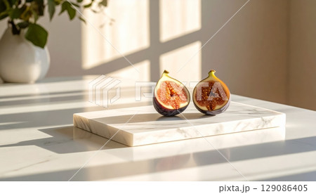 Two figs on marble counter with sunlight shadow Two figs on marble counter with sunlight shadow 129086405