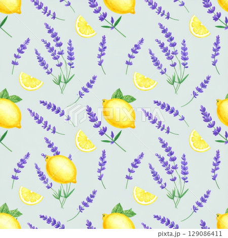 Seamless pattern design with lemon, flower, and leaf illustrations perfect for a vibrant summer nature background Seamless pattern design with lemon, flower, and leaf illustrations perfect for a vibrant summer nature background 129086411