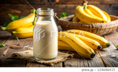 Fresh banana smoothie with milk in a glass on a wooden table, a healthy fruit breakfast drink 129086415