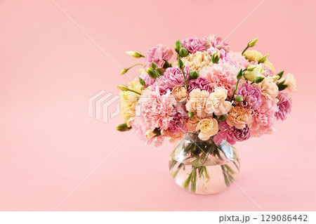 Delicate blooming festive pink carnation flowers, blossoming dianthus flower background, soft pastel bouquet in vase 129086442