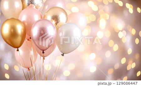 Bright pink and white party balloons create a fun, colorful celebration decoration 129086447