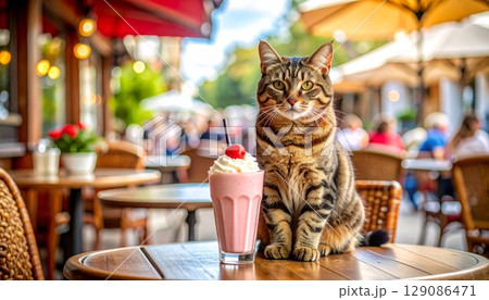 Close-up of a cute tabby kitten with beautiful eyes sitting on a restaurant table Close-up of a cute tabby kitten with beautiful eyes sitting on a restaurant table 129086471