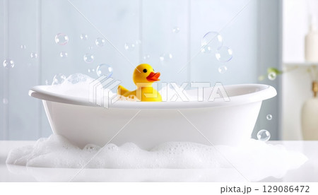 Yellow rubber duck toy floating in a child's bathwater 129086472