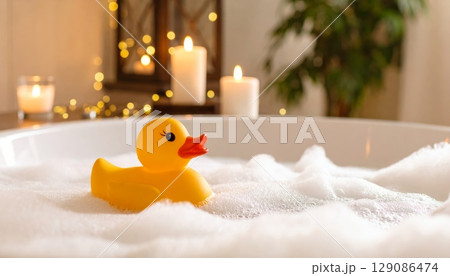 Yellow rubber duck toy floating in a child's bathwater 129086474