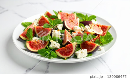 Fig salad in white plate on marble table Fig salad in white plate on marble table 129086475