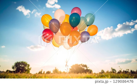 Colorful hot air balloons float happily in the blue sky, a perfect celebration 129086476