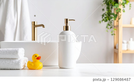 White plastic pump dispenser of shampoo, lotion, or liquid soap for personal hygiene and beauty care, isolated in a clean bathroom with a towel and mirror 129086487