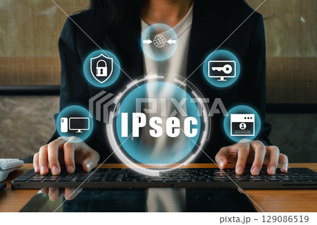 Visual representation of IPsec technology highlighting secure digital communication and network protection. Visual representation of IPsec technology highlighting secure digital communication and network protection. 129086519