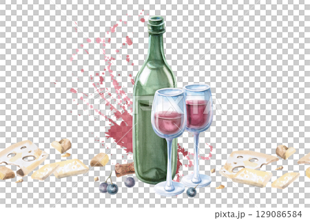 Seamless border with wine bottle, cheese and splashes. Isolated watercolor illustration for textile design for kitchen, tableware, interior, printing on posters for harvest festival, Wine Day. Seamless border with wine bottle, cheese and splashes. Isolated watercolor illustration for textile design for kitchen, tableware, interior, printing on posters for harvest festival, Wine Day. 129086584