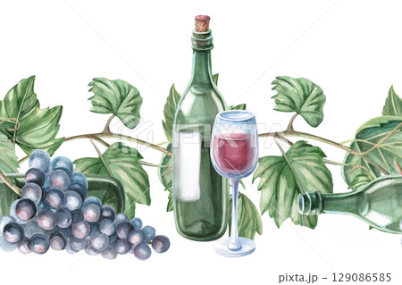 Seamless border with grapevine and bottle of wine. Isolated watercolor illustration for decorating kitchen textiles, tableware, interior design, printing on posters for harvest festival, Wine Day. Seamless border with grapevine and bottle of wine. Isolated watercolor illustration for decorating kitchen textiles, tableware, interior design, printing on posters for harvest festival, Wine Day. 129086585
