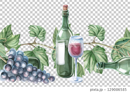 Seamless border with grapevine and bottle of wine. Isolated watercolor illustration for decorating kitchen textiles, tableware, interior design, printing on posters for harvest festival, Wine Day. Seamless border with grapevine and bottle of wine. Isolated watercolor illustration for decorating kitchen textiles, tableware, interior design, printing on posters for harvest festival, Wine Day. 129086585