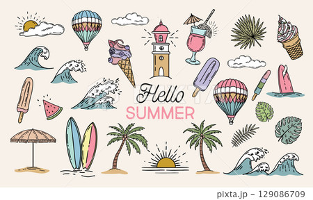 Hello Summer, pattern with air balloon, surfboard and wave, hand drawn illustration. Hello Summer, pattern with air balloon, surfboard and wave, hand drawn illustration. 129086709