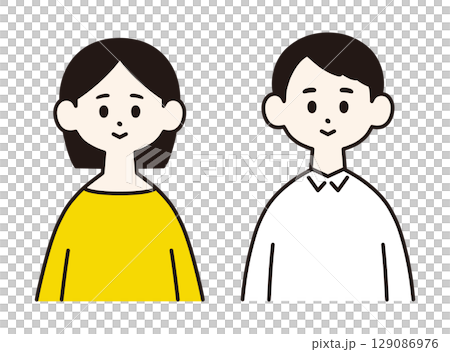 年輕夫婦，正面上身，簡單而平面的插圖 129086976