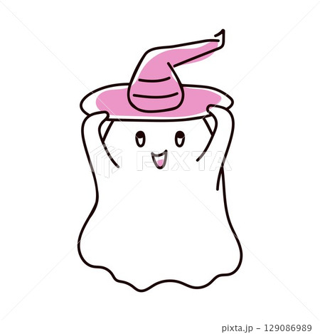 Cute doodle ghost wearing a pink witch hat, smiling and raising arms isolated on white background. Playful Halloween illustration for kids. 129086989