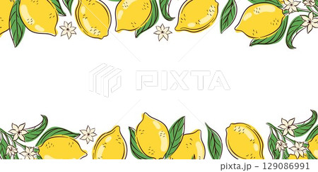 Branch frame with lemon, leaf and blossom flower in flat style on a white background. Design for card, website banner, invitation. Branch frame with lemon, leaf and blossom flower in flat style on a white background. Design for card, website banner, invitation. 129086991
