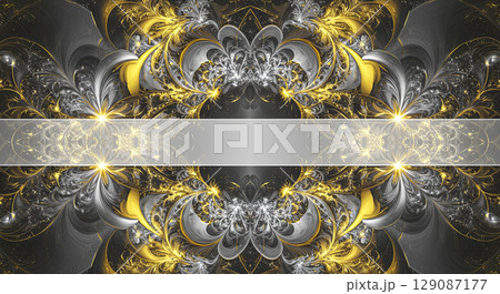 Elegant symmetrical fractal design with intricate golden and silver swirls on dark background, decorative digital art with central blank banner for text, luxury and ornate abstract pattern 129087177