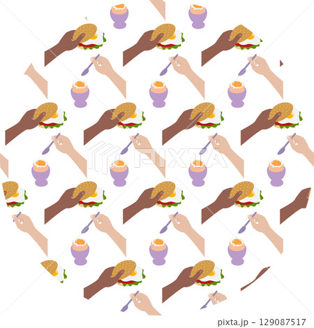 European and Afro American People Hands Hold Egg Sandwich and Soft Boiled Egg Pattern on Circle Fond European and Afro American People Hands Hold Egg Sandwich and Soft Boiled Egg Pattern on Circle Fond 129087517