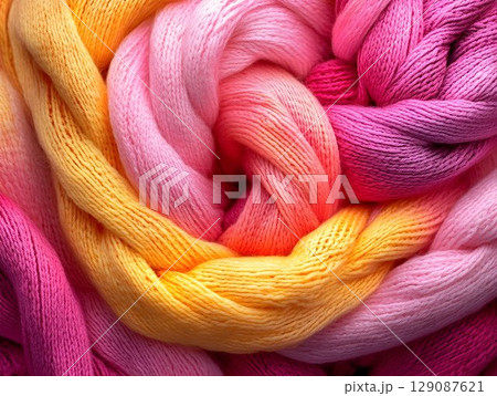Pastel wool yarn coiling in gradient swirls, blending soft pink, orange, and yellow tones, highlighting textural knitting and crochet possibilities Pastel wool yarn coiling in gradient swirls, blending soft pink, orange, and yellow tones, highlighting textural knitting and crochet possibilities 129087621