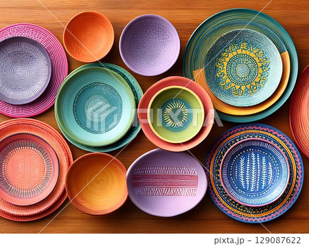 Colorful ceramic dinnerware featuring intricate patterns displayed on rustic wooden surface, highlighting artisan craftsmanship and vibrant design elements Colorful ceramic dinnerware featuring intricate patterns displayed on rustic wooden surface, highlighting artisan craftsmanship and vibrant design elements 129087622