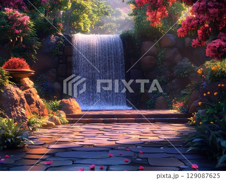 Verdant foliage surrounding cascading waterfall, vibrant blooms highlighting tranquil pond scene with dreamy, ethereal landscape composition 129087625