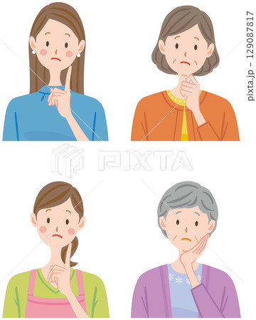 考える女性の上半身アイコンのイラスト セット 考える女性の上半身アイコンのイラスト セット 129087817