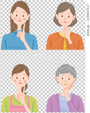考える女性の上半身アイコンのイラスト セット 考える女性の上半身アイコンのイラスト セット 129087817