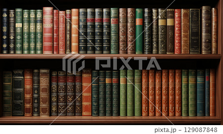【アンティーク本棚のクラシック装丁】重厚な知識と歴史を感じる書斎イメージ 129087848