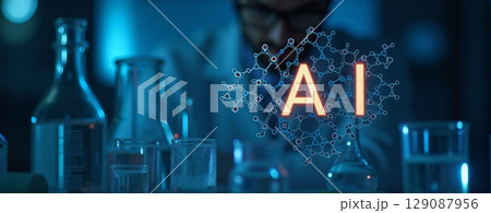 Illuminated AI in lab glassware with molecule structures. Scientists in bright lab, enhancing research through artificial intelligence 129087956