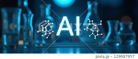 Illuminated AI in lab glassware with molecule structures. Scientists in bright lab, enhancing research through artificial intelligence 129087957